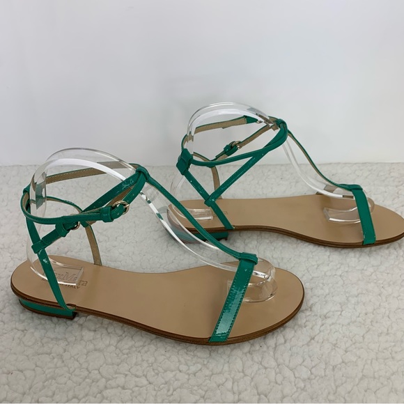 MaxMara Women's Turquoise Patent Leather Flat T-Strap Sandals Size 40/10 - Picture 4 of 9